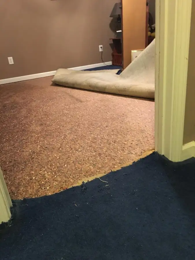 Carpet pad removal revealing water damage during Drying & Dehumidification in Castro Valley